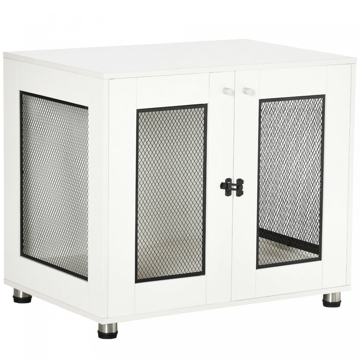 Pawhut Cage Pour Chien Table D'extremite Avec Coussin Resistant A L'eau, Meubles De Cage A Double Porte Pour Chiens De Taille Moyenne, Chenils En Fil De Bois Pour Une Utilisation En Interieur, Blanc