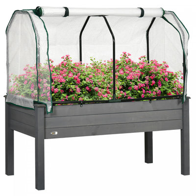 Outsunny Raised Garden Bed With Pe Greenhouse Cover Outdoor Elevated Wood Planter Box For Herbs And |Outsunny Lit De Jardin Sureleve Avec Couverture De Serre En Pe Gris Fonce