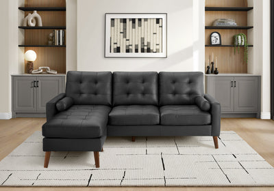 Upholstered Chaise Sofa Lounger, 85" Wide, Black Leather Look, Walnut Solid Wood Legs Sofa | Sofa Chaise Longue Rembourre, 85"L, Aspect Cuir Noir, Pieds En Bois Massif De Noyer