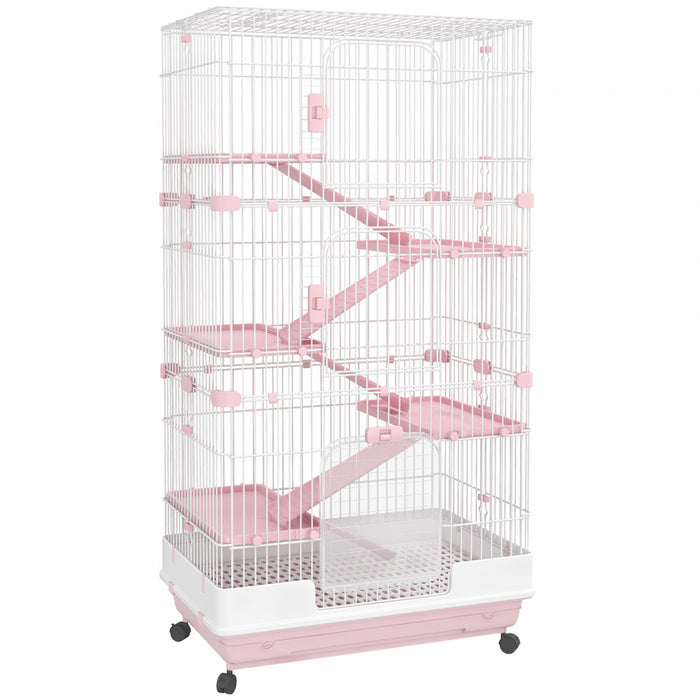Pawhut Cage Pour Petits Animaux 60\" Avec Roulettes, Cage A Lapin Portable A 6 Niveaux, Cage A Furet Chinchilla Avec Plateau Amovible, Plates-formes Et Rampes, Rose