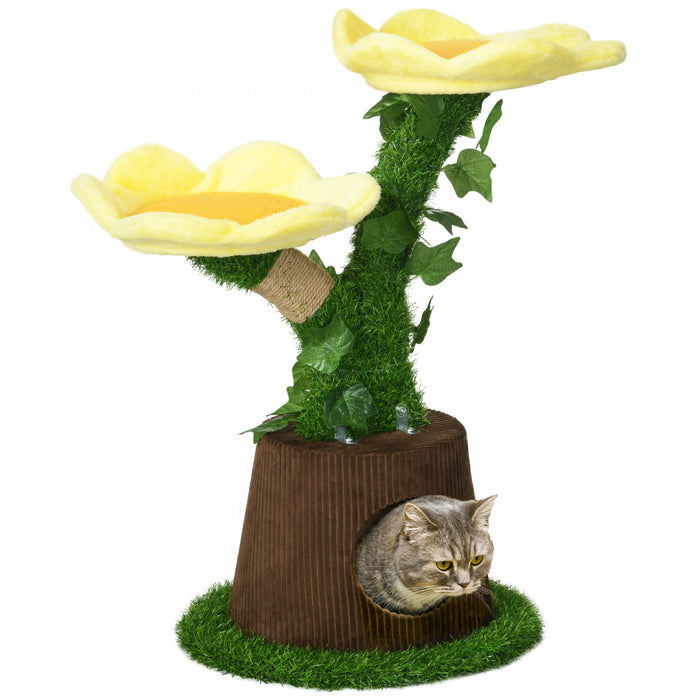 Pawhut Arbre A Chat En Peluche 18\" Avec Deux Plateformes De Fleurs, Tour Pour Chat Multi-activites Avec Griffoirs En Jute, Perchoirs Sureleves, Condo Rond Spacieux Avec Porte, Vert