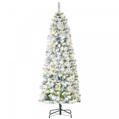 Homcom 6ft Prelit Artificial Snow Flocked Pencil Christmas Tree|Homcom Arbre De Noel En Forme De Crayon Floque De Neige Artificielle Pre-eclaire De 6 Pieds Avec 250 Lumieres Led Blanc Chaud Et 462 Pointes De Branche