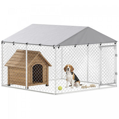 PawHut Outdoor Dog Kennel Dog Run with Waterproof, UV Resistant Cover, Double Secure Locks for Small and Medium Sized Dogs, 7.5' x 7.5' x 5.6', Silver
