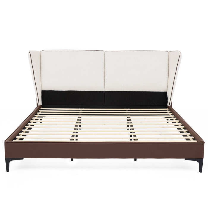 Le lit plateforme Ava en polaire Teddy avec tete de lit a oreilles et revetement en simili cuir, taille King, couleur blanche