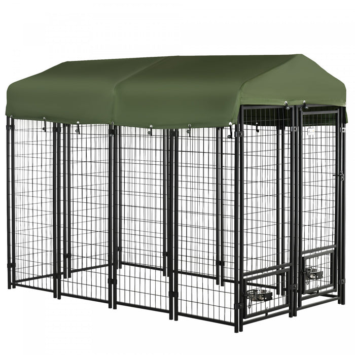 Pawhut Niche D'exterieur Pour Chien De 8' X 4' X 6' Avec Supports De Gamelle Rotatifs, Parc Pour Animal Domestique, Cloture En Fil D'acier Soude Avec Auvent Resistant A L'eau Et Aux Uv, Vert