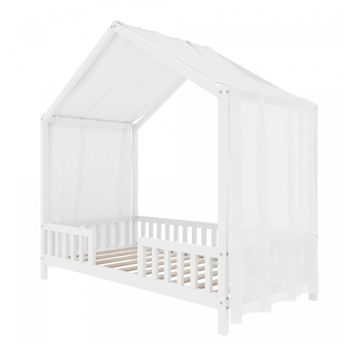 Paul Lit Montessori au sol avec baldaquin et barrieres hautes, Taille Simple, Blanc