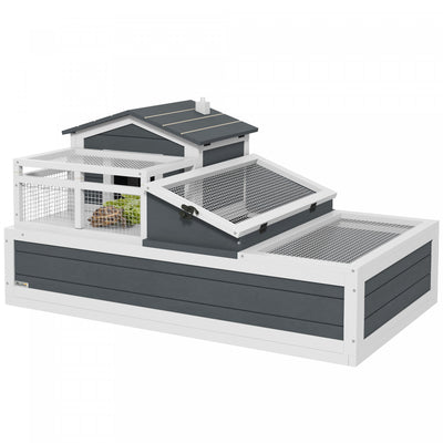 PawHut Tortoise House 2-Tier Wooden Enclosure with Balcony, Ramp and Tray, Indoor/ Outdoor Tortoise Enclosure with Ladder, Openable Roof, 44" L x 25.5" W x 23.3" H, Grey