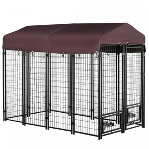 Pawhut Niche D'exterieur Pour Chien, Caisse Verrouillable Pour Parc Pour Animaux De Compagnie, Cloture En Acier Soude, Avec Auvent Resistant A L'eau Et Aux Uv, Supports De Bol Rotatifs, Porte