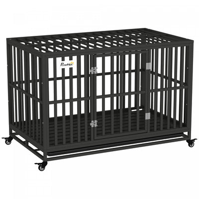 Pawhut Heavy Duty Steel Dog Crate Kennel Pet Cage With Wheels For Portability And A Door For Conveni|Pawhut Cage Pour Chien En Acier Robuste Avec Roulettes Pour La Portabilite Et Une Porte Pour Un Acce
