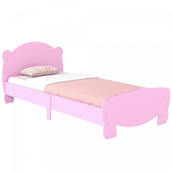 Qaba Cadre de lit double pour enfants, plateforme pour tout-petits avec tete et pied de lit en forme d'ours, support a lattes, Matelas non inclus, pour garcons et filles de 3 a 12 ans, rose