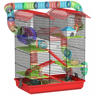 PawHut 18.5"L Hamster Cage, 5 Tiers Small Animal House with Tunnel Tube System, Exercise Wheel, Water Bottle, Food Dish, Ramp, Red