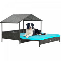Pawhut Niche Pour Chien En Rotin Extensible Pour Exterieur Et Interieur Avec Toit, Lit Sureleve En O
