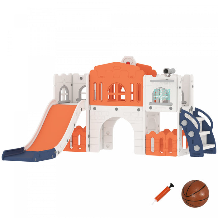 Qaba Toboggan 9-en-1 pour Tout-Petits avec Panier de Basket, pour Enfants de 1 a 3 Ans, Orange