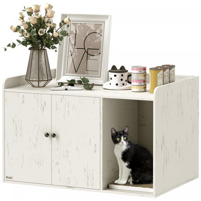 Pawhut Litter Box Enclosure, 32" Hidden Washroom Furniture With Scratching Mat, Cat Entrance, Indoor Pet House, Side End Table Fit Most Of Cat And Litter Box, Distressed White