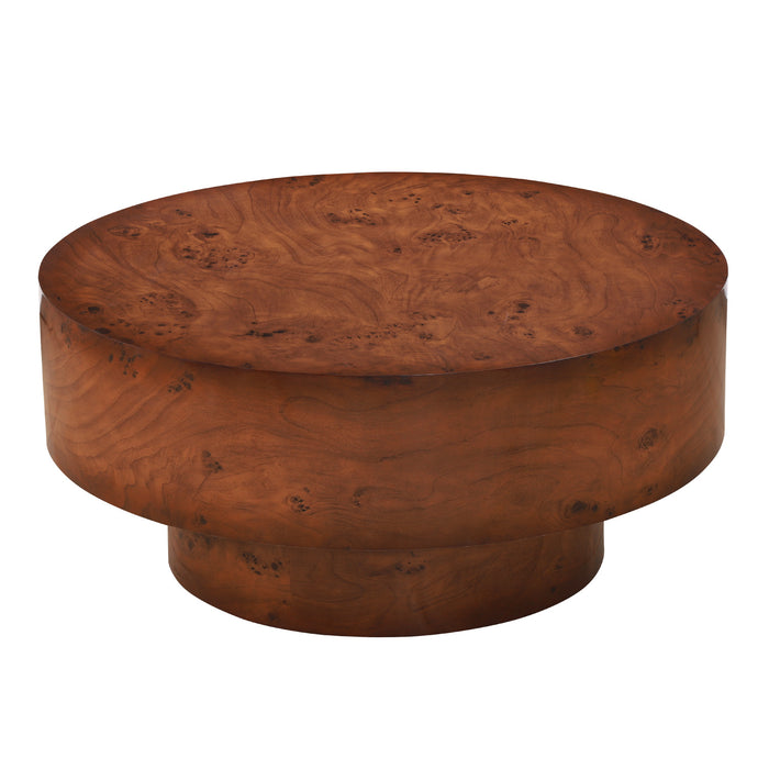 Table basse ronde moderne Sage 31,5 pouces avec finition placage bois et base cylindrique, brun