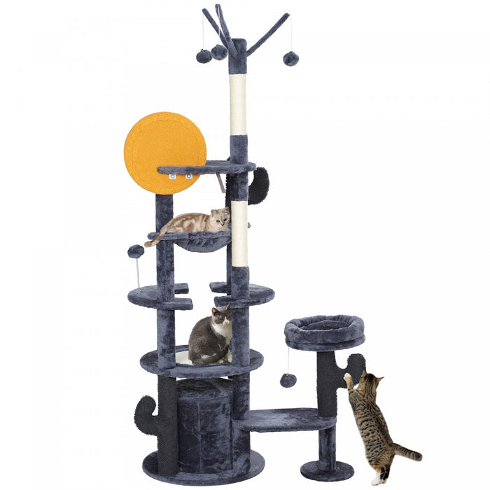 Pawhut Arbre A Chat De 71\" De Haut, Tour A Plusieurs Niveaux Pour Chats Avec Griffoirs, Coussin En Sisal, Lit, Hamac, Plates-formes, Centre D'activite Pour Chat, Gris Fonce