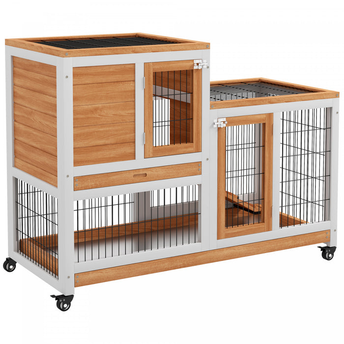 Clapier D'interieur Pawhut Pour Lapins, Cage Pour Cochons D'inde Sur Roues Avec Enclos Et Plateaux Coulissants, Jaune