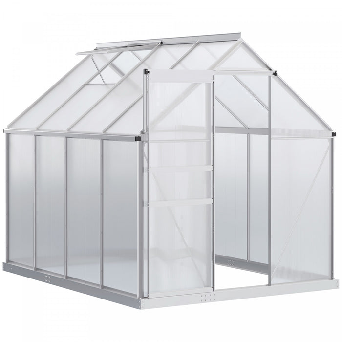 Outsunny Serre En Polycarbonate De 8' X 6' X 6,5' Avec Cadre En Aluminium, Serre Robuste Avec Aeration De Toit Reglable, Gouttiere Et Porte Coulissante Pour L'hiver, Argente