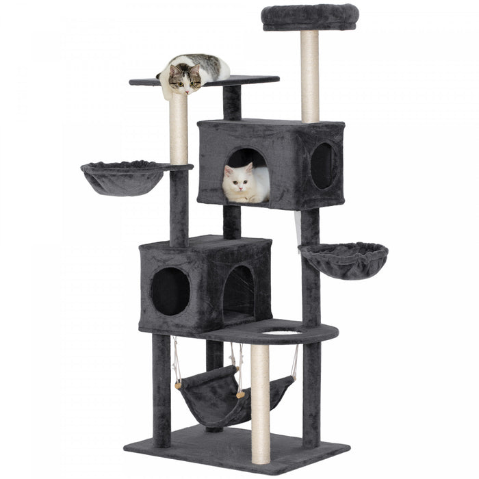 66 Inch Cat Tree with 2 Condos, 3 Big Hammocks, Dark Grey