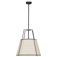 Luminaire suspendu Trapezoid de Dainolite avec abat-jour noir et crème qui diffuse la lumière, tissu blanc et 1 ampoule