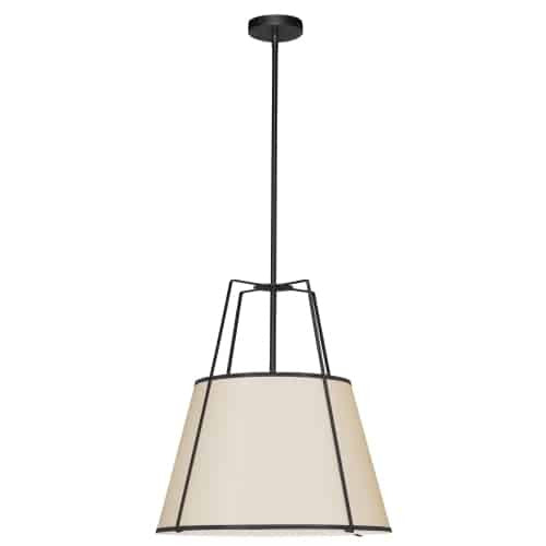 Luminaire suspendu Trapezoid de Dainolite avec abat-jour noir et crème qui diffuse la lumière, tissu blanc et 1 ampoule