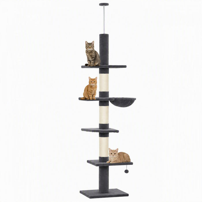 PawHut Arbre a chat sol-plafond reglable 225-255 cm, tour 5 niveaux
