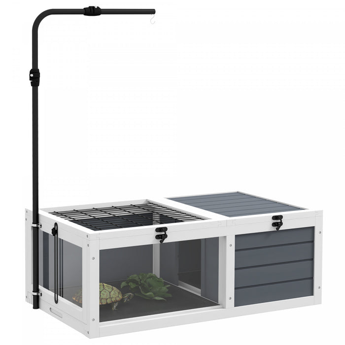 Pawhut Maison De La Tortue Habitat De Tortue En Bois Pour L'interieur Et L'exterieur Avec Support De Lampe Reglable, Couvercles Ouvrables, Plateaux Extractibles, Gris