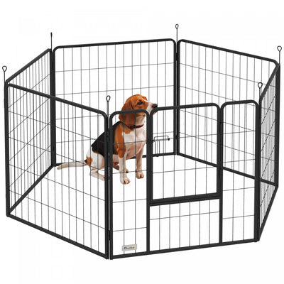 PawHut Dog Playpen, 31.5"W Heavy-Duty Metal Puppy Play Pen, Pet Exercise Fences for Outside and Indoor, DIY Design with Door for Medium Dogs, 6 Panels, 31.5"H