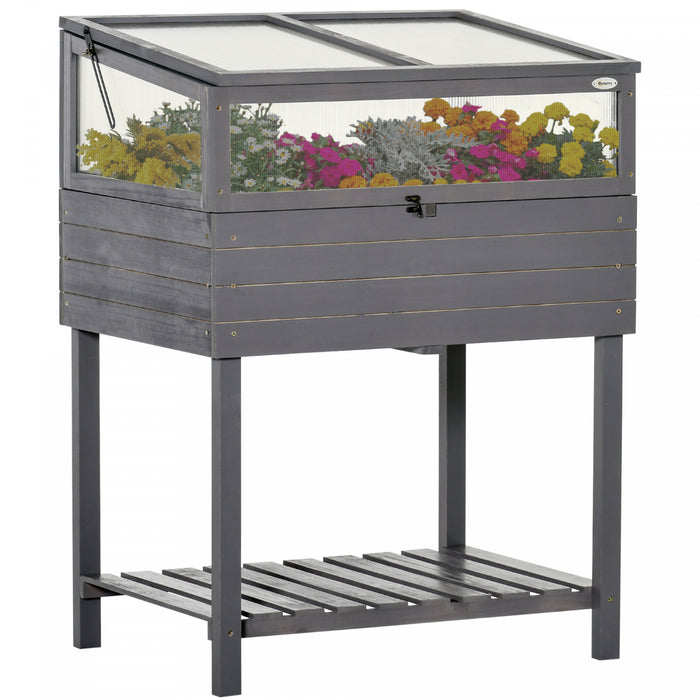 Outsunny Jardiniere Surelevee Avec Serre De Jardin En Panneau Polycarbonate Jardiniere Sur Pieds Avec Etagere De Rangement Exterieur Jardin Patio Balcon Toit Ouvrable Bois De Sapin Gris