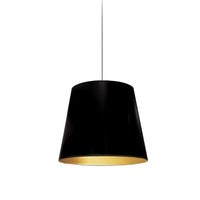 Petit luminaire suspendu de Dainolite avec très grand abat-jour cylindrique noir et doré, et 1 ampoule
