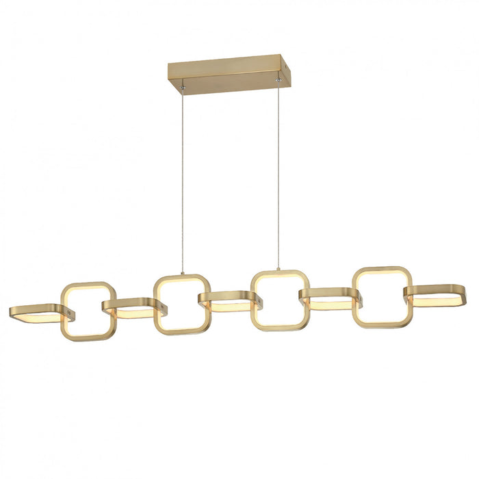 Luminaire suspendu horizontal Patsy de Dainolite en silicone blanc qui diffuse la lumière, avec fini laiton vieilli et ampoule à DEL de 59 W