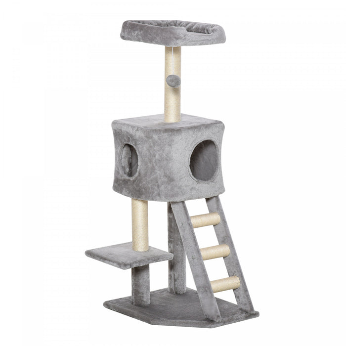 Pawhut Arbre A Chat De 119,4 Cm, Tour A Plusieurs Niveaux Avec Condo, Centre D'activites D'escalade Pour Chat Avec Griffoirs En Sisal, Echelle, Perchoir En Peluche Et Boule Suspendue, Gris Clair