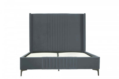 Promenade Mid-Century Modern Upholstered Velvet Queen Bed in Gray | Lit Queen Promenade style moderne du milieu du siecle en velours gris capitonne