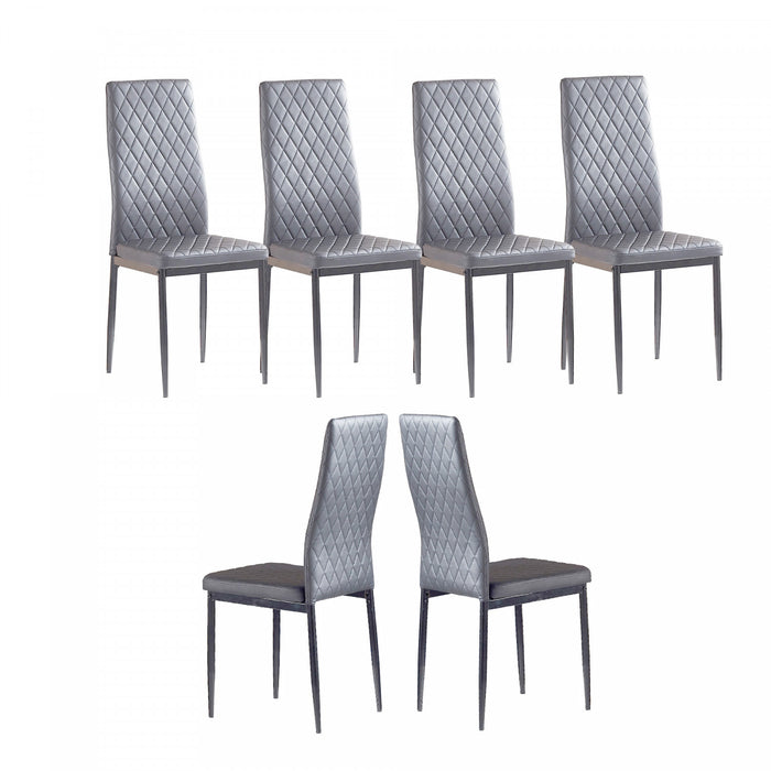Ensemble de chaises de salle a manger modernes Ava avec motif de grille en diamant (lot de 6), cuir ignifuge et cadre en metal, gris