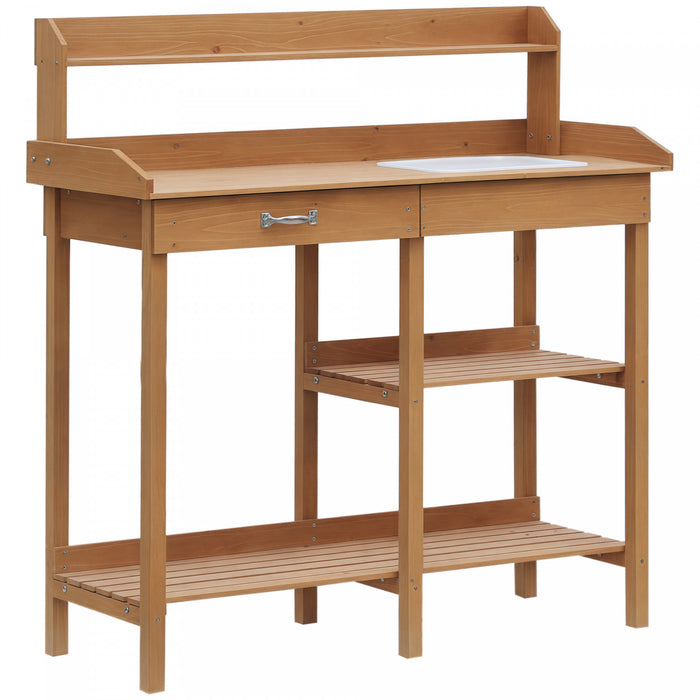 Outsunny Banc de jardinage avec table, Poste de travail de jardin avec tiroir, evier amovible, etageres de rangement et crochets pour patio, cours et balcon, Naturel