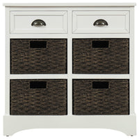  Buffet De Rangement Tobey En Bois Massif Avec 2 Tiroirs Et 4 Paniers En Rotin, Blanc