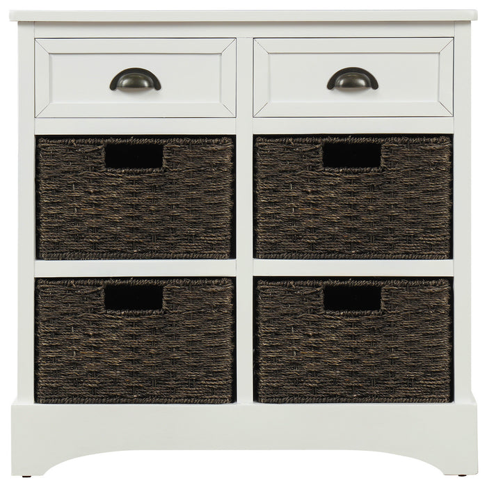 Buffet De Rangement Tobey En Bois Massif Avec 2 Tiroirs Et 4 Paniers En Rotin, Blanc