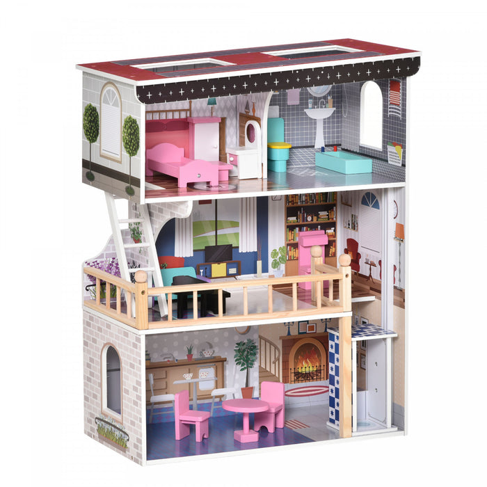 Qaba 13 Pcs Maison De Poupees A 3 Etages Pour Enfants, Dreamhouse Villa, Pour Tout-petits, Petites Filles, Maison A Plusieurs Niveaux, Avec Ascenseur, Kit D'accessoires Pour Meubles Rose