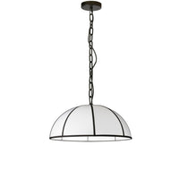 Petit luminaire suspendu Portobello de Dainolite avec abat-jour blanc, bordure noire, fini noir mat et 1 ampoule