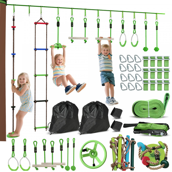 Qaba Parcours d'obstacles pour enfants, Slackline de 10 m avec 10 pieces, 2 barres de singe, 2 anneaux de gymnastique, echelle de corde, balancoire en nid, protecteur d'arbre, sacs, plateau suspendu, nœuds de corde