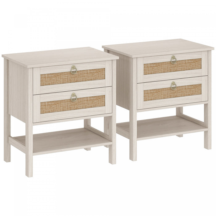 HOMCOM Lot de 2 Tables de Nuit en Rotin avec 2 Tiroirs, Chene Blanc