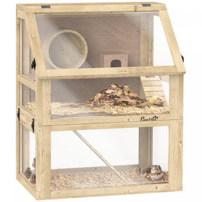 PawHut Wooden Hamster Cage, 3 Tier Gerbil Cage with Detachable 12.6" Deep Bottom, Hut, Seesaw, Exercise Wheel, Ramps, Small Animal Habitat for Dwarf, Rat, 24" x 16" x 29.5"