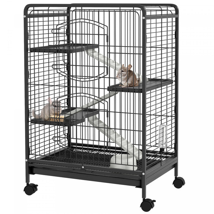 Pawhut Cage Pour Petits Animaux A 4 Niveaux, Parc Pour Lapin Furet Chinchilla Sur Roues Avec Plateau Amovible Plate-forme Rampe Nourriture Plat Bouteille D'eau, 25\" X 17\" X 36.5\"