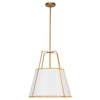 Luminaire suspendu Trapezoid de Dainolite avec abat-jour trapézoïde doré et blanc qui diffuse la lumière, tissu blanc et 3 ampoules