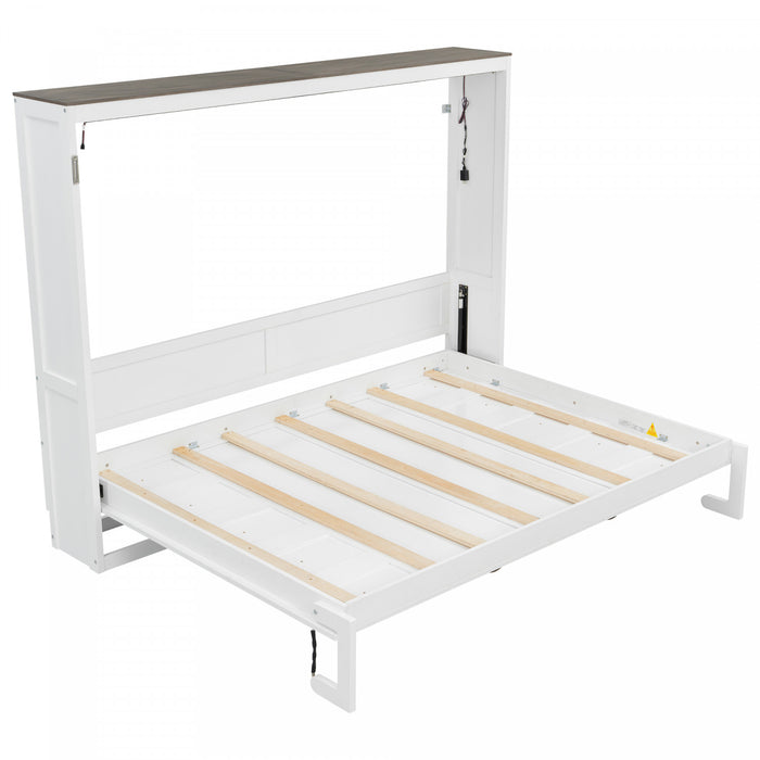 Lit escamotable Olivia en bois massif avec lumiere LED et armoire pliante, taille full, blanc