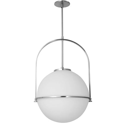 Dainolite Paola 1 Light Pendant Large Polished Chrome White Opal Glass Lamp|Grand luminaire suspendu Paola de Dainolite en verre blanc opale, avec fini chromé poli et 1 ampoule