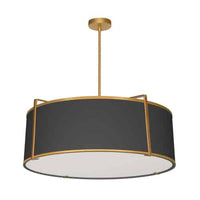 Luminaire suspendu Trapezoid de Dainolite avec abat-jour cylindrique doré et noir qui diffuse la lumière, tissu blanc et 4 ampoules