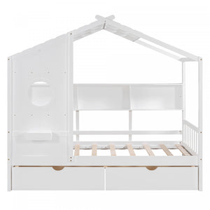 Lit Maison Jeames en Bois avec 2 Tiroirs de Rangement et Etagere, Taille Twin - Blanc