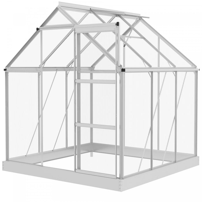 Outsunny Serre En Polycarbonate De 6' X 4', Serre De Plain-pied Avec Porte Coulissante, Fenetre Reglable, Cadre Et Fondation En Aluminium, Maison De Culture De Jardin Avec Gouttiere, Argente