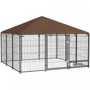 Pawhut Chenil Exterieur Pour Chien De 6,9' X 6,9' X 5' Avec Auvent, Bols Rotatifs, Porte Pour Cour Et Jardin, Cafe